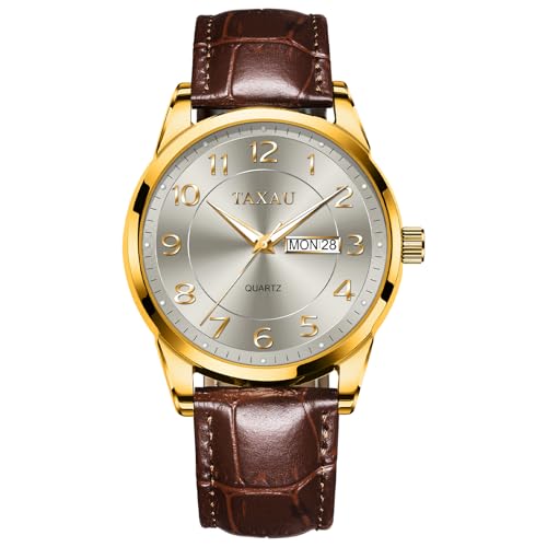 Taxau Braunes Uhren Herren Leder Freizeit Armbanduhr Wasserdicht Herrenuhr Mit Datums- Und Tagesanzeige Herren Uhr Armband Gold Zifferblatt Watches for Men Business Grau 8405 von Taxau