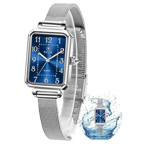 Taxau Damen Uhren Damenuhr Einstellbar Anspruchsvoll Damen Blaues Quadratisches Zifferblatt Kompakt Damenuhren Silberner Gurt Luxus Uhr Wasserdichtes Quarzwerk Watch for Women von Taxau
