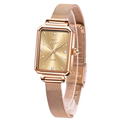 Taxau Damenuhr Gold Eckig wasserdichte Goldene Uhr Damen Rechteckige Armbanduhr Damen mit Edelstahl Mesh Armband Klein Rosegold Damenarmbanduhren Quadratisch von Taxau