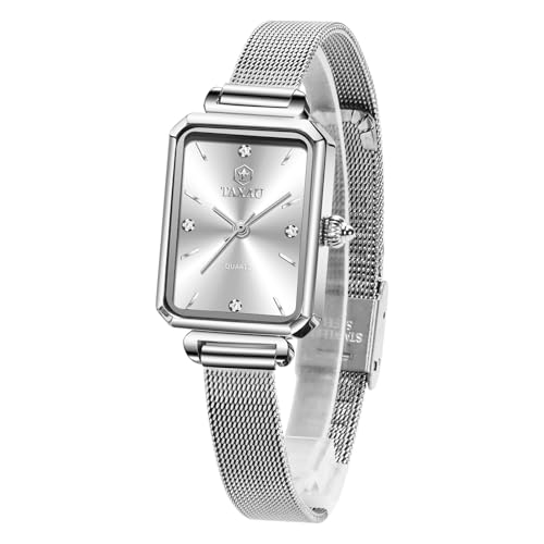 Taxau Damenuhr Silberne wasserdichte Armbanduhr Damen mit Edelstahl Mesh Armband Klein Silberne Eckige Analog Damenarmbanduhren Quadratisch von Taxau