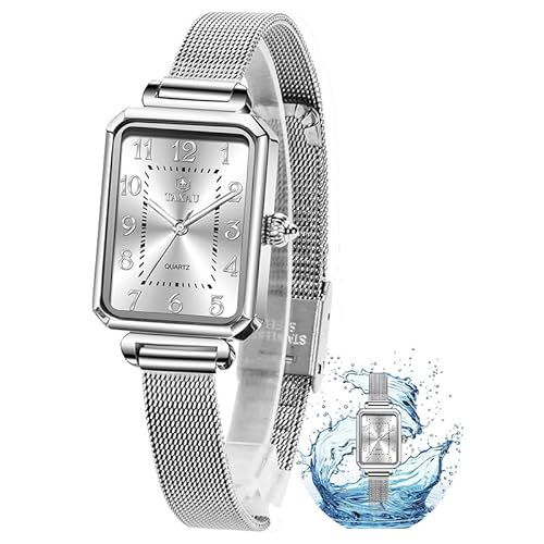 Taxau Damenuhr Uhr Damen Weißes Quadratisches Zifferblatt Kompakt Damen Armbanduhr Einstellbar Anspruchsvoll Wasserdichtes Quarzwerk Luxus Damenuhren Uhr Silberner Gurt Women Watch von Taxau