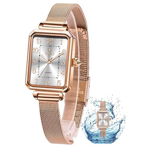 Taxau Damenuhr Uhr Damen UhrenWeißes Quadratisches Zifferblatt Kompakt Wasserdichtes Quarzwerk Women Watch Damenuhren Roségold Netzgürtel Damenuhr Damen Armbanduhr Einstellbar Anspruchsvoll von Taxau