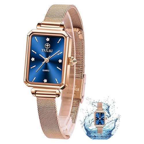 Taxau Damenuhr Wasserdicht Quarz Uhr Rosegold Diamant Exquisit Opulent Rostfreier Stahl Armbanduhr Dunkelblaues Zifferblatt Einstellbar von Taxau
