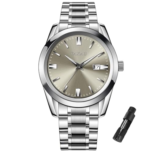 Taxau Herren Uhren Edelstahl Herrenuhren Silber Armband und Grau Zifferblatt Armbanduhr Business Wasserdicht Uhren Glänzend mit Datum von Taxau