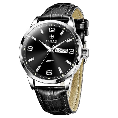 Taxau Herren Uhren Lederarmband Analog Quarz Armbanduhr Herren Lederband Schwarz Wasserdicht Herrenuhr mit Tag und Datum von Taxau