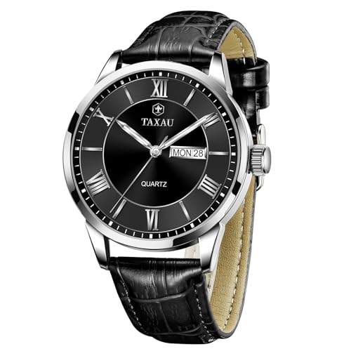 Taxau Herren Uhren Lederarmband Schwarz Ziffernblatt Analog Quarz Armbanduhr Herren Lederband Schwarz Wasserdicht Herrenuhr mit Tag und Datum Herrenarmbanduhren mit Lederband Easy Read von Taxau