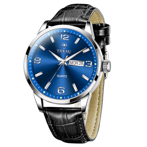 Taxau Herrenuhren Lederarmband Blau Ziffernblatt Analog Armbanduhr Herren Lederband Wasserdicht Herrenuhr mit Tag und Datum von Taxau