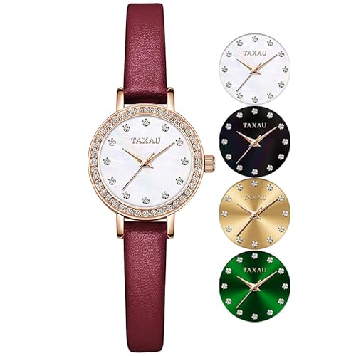 Taxau Mode Lederuhren für Damen Elegent Mode Frauen Wasserdicht für kleine Handgelenke Uhren mit Diamant Weiß Gesicht Analoge Quarzuhren von Taxau