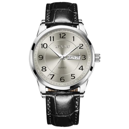 Taxau Original Mens Leder Watches Mode Herrenuhr Business Freizeit Herren Uhren Luxuriös Herren Armbanduhr Männer Uhr Mit Datums- Und Tagesanzeige Armband Grau Zifferblatt 8405 von Taxau
