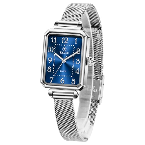 Taxau Rechteckige Damen Armbanduhr Kleines Damenarmbanduhren Eckig Mode Edelstahl Mesh Armband Damenuhr Elegant Wasserdicht Uhr für Frauen von Taxau