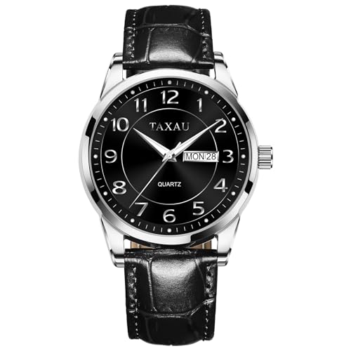 Taxau Silber Leder wasserdichte Uhren Herren Gentleman Business Freizeit Herren Armbanduhr Männer Mit Datums- Und Tagesanzeige Herren Uhr Armband Zifferblatt Schwarzes Luxus 8405 von Taxau