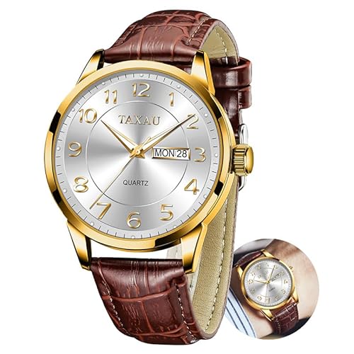 Taxau Uhren Herren Business Freizeit Wasserdicht Mode Herren Armbanduhr Mit Leuchtendem Display Männer Uhr Mit Datums- Und Tagesanzeige Uhr Weißes Zifferblatt Braunes Band von Taxau