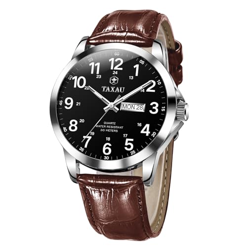 Taxau Uhren Herren Leder Armband wasserdichte Armbanduhr Braun Leder mit Datum - Schwarzem Zifferblatt Uhren Männer Quartz Geschenk für Männer Taxau Uhren Herren Leder Armband wasserdichte Armbanduhr Braun Leder mit Datum - Schwarzem Zifferblatt Uhren Männer Quartz Geschenk für Männer von Taxau