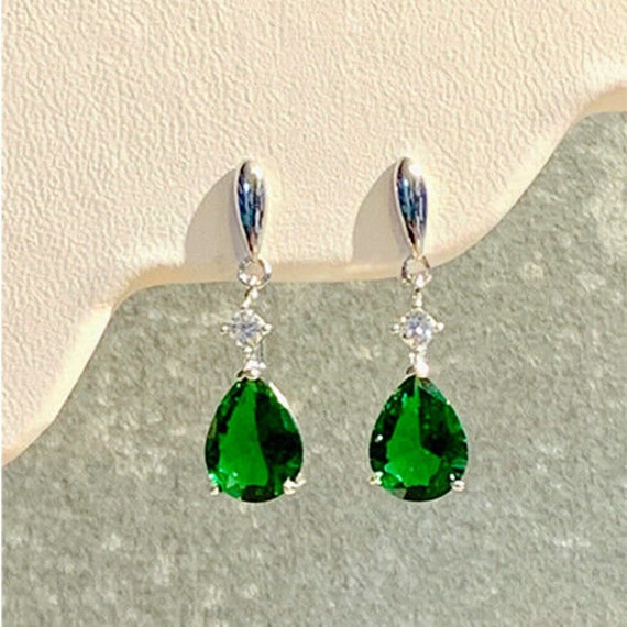 sterling Silber Grün Tear Drop Ohrringe Ohrstecker Baumeln Dropper Cubic Zironia Geschenk Verpackt von Taylor925Gibson