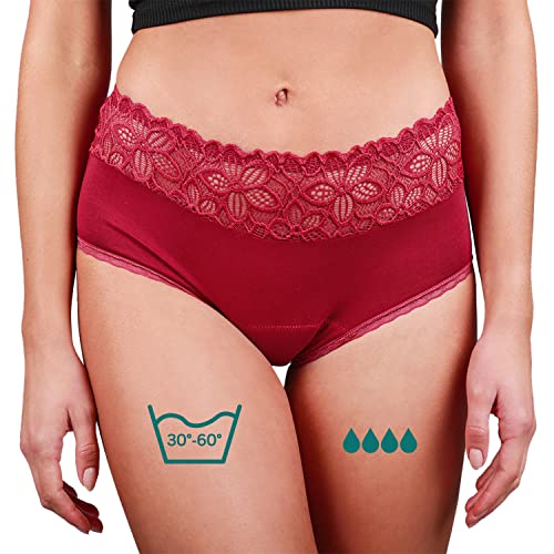 Taynie Deluxe Perioden Unterwäsche - auslaufsichere&atmungsaktive Menstruationsunterwäsche - Unterhosen Damen ersetzt 2-3 Tampons, Periodenslip Tragedauer bis 12 Std, waschbar bis 60°C (36, Bordeaux) von Taynie