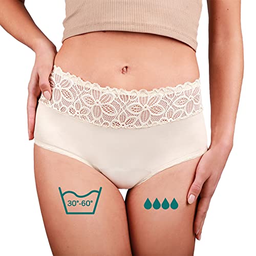 Taynie Deluxe Perioden Unterwäsche - auslaufsichere & atmungsaktive Menstruationsunterwäsche - Unterhosen Damen ersetzt 2-3 Tampons, Periodenslip Tragedauer bis 12 Std, waschbar bis 60°C (36, Beige) von Taynie