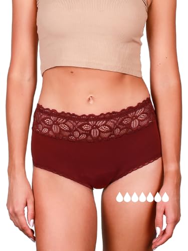 Taynie Deluxe Ultra Perioden Unterwäsche Starke Blutung - auslaufsichere & atmungsaktive Menstruationsunterwäsche - ersetzt 7 Tampons, Periodenslip Tragedauer bis 12Std, waschbar 60°C (36, Rot-braun) von Taynie
