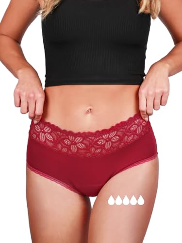 Taynie Deluxe extra stark Periodenunterwäsche Starke Blutung - Periodenwäsche - Menstruationsunterwäsche - ersetzt 4 Tampons, Periodenslip Tragedauer bis 12 Std., waschbar bis 60°C (36, Rot) von Taynie