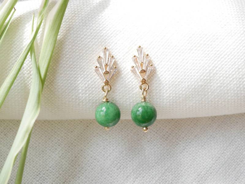 Art Deco Ohrringe | Grüne Jade Tropfen 1920Er Jahre Stil Goldschmuck Zierliche Elegante Braut Hochzeit Brautjungfern Zirkon Stein Design von Tazelry