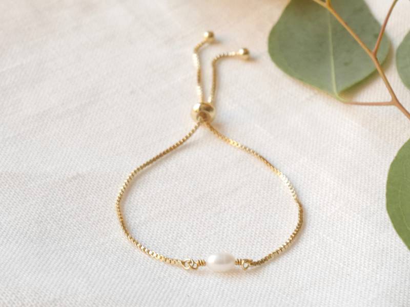 Süßwasserperlen Armband - Vergoldete Boxkette Slider von Tazelry