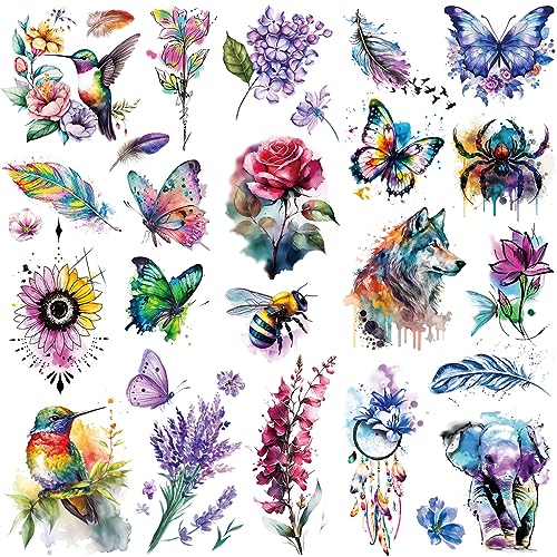 8 Blatt große 3D-Aquarell-Tattoos für Frauen und Mädchen, bunte Blumen, Kolibri, Schmetterling, realistisch, langlebig, gefälschte Tattoo-Aufkleber, wasserdichte Tattoos für Frauen und Erwachsene von Tazimi