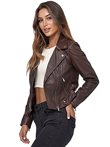 Tazzio Lederjacke Damen Echtleder Jacke im Biker Look mit coolen Zipper-Details & Reverskragen F507 (M, Braun) von Tazzio