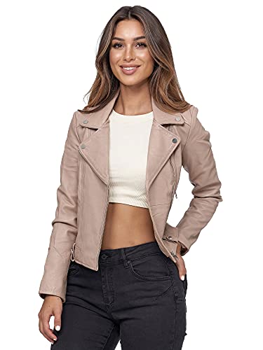 Tazzio Lederjacke Damen Echtleder Jacke im Biker Look mit coolen Zipper-Details & Reverskragen F507 (S, Beige) von Tazzio