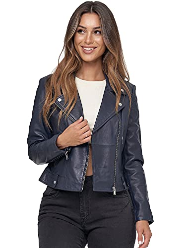 Tazzio Lederjacke Damen Echtleder Jacke im Biker Look mit coolen Zipper-Details & Reverskragen F507 (S, Navy) von Tazzio