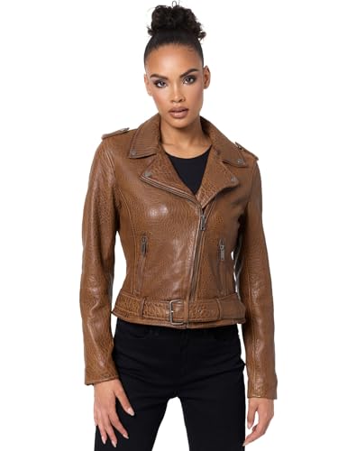 Tazzio Lederjacke Damen Echtleder Jacke im Biker Look mit coolen Zipper-Details & Reverskragen F508 (Cognac, L) von Tazzio