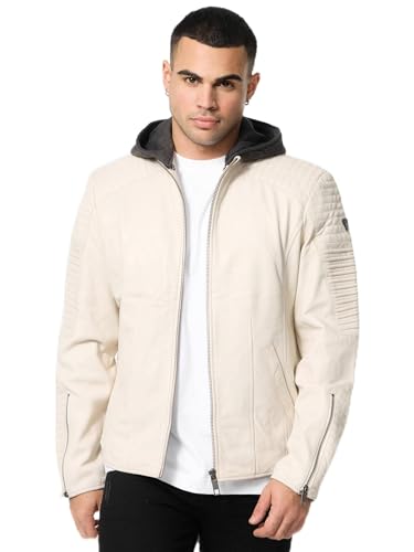 Tazzio Lederjacke Herren Leder Jacke Biker-Look Echtleder mit abnehmbarer Kapuze A800 (Weiß, 4XL) von Tazzio