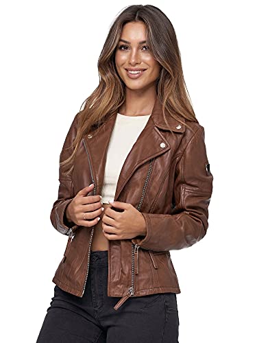 Tazzio Lederjacke moderne & zeitlose Damen Jacke im Biker Look mit Reverskragen F501 (M, Braun) von Tazzio