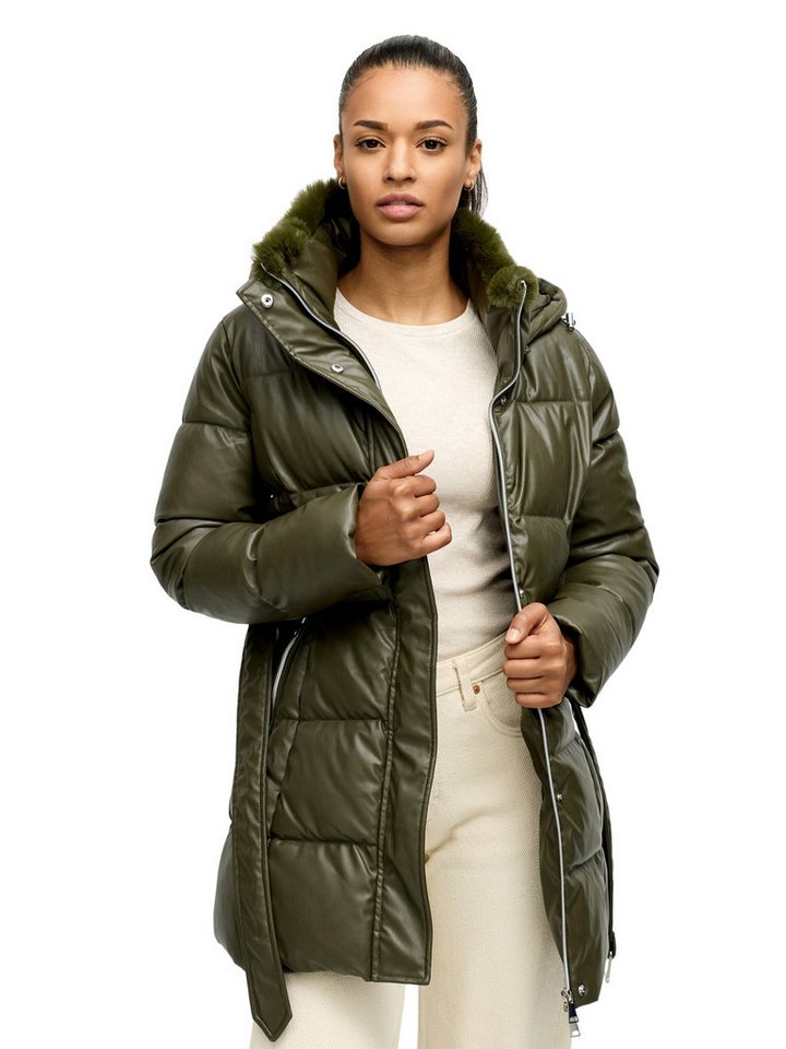 Tazzio Steppmantel F802 mit Kapuze, Lederoptik-Steppmantel mit Taillengürtel von Tazzio