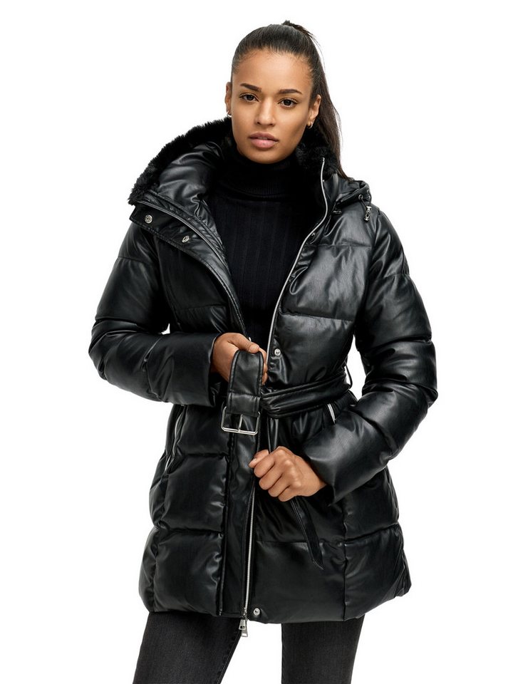 Tazzio Steppmantel F802 mit Kapuze, Lederoptik-Steppmantel mit Taillengürtel von Tazzio