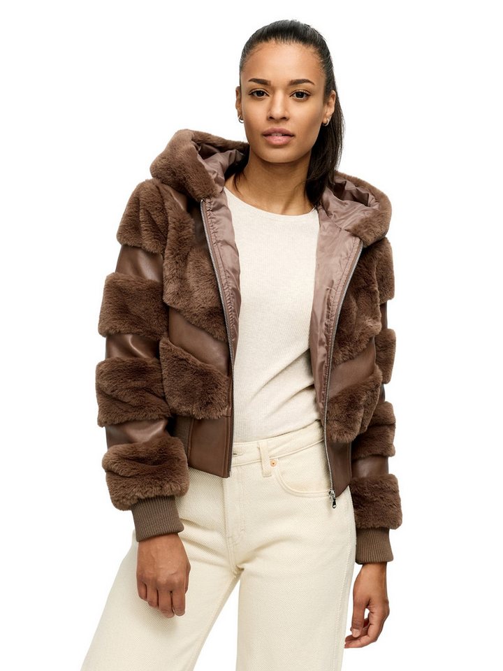 Tazzio Winterjacke F803 mit Kapuze, im Bomber-Style & Fell-Streifen-Look von Tazzio