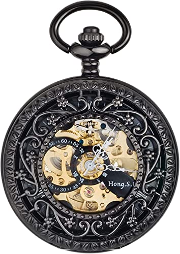 Klassisch geformte Taschenuhr Armbanduhren Taschenuhr, Vintage Automatisch Mechanische Retro Flip Cover Gravur Hohl Paar Hängende Uhr Pullover Kette Klassisch (Farbe: Gold) (Silber) (Farbe: Schwarz) von Tbkoly