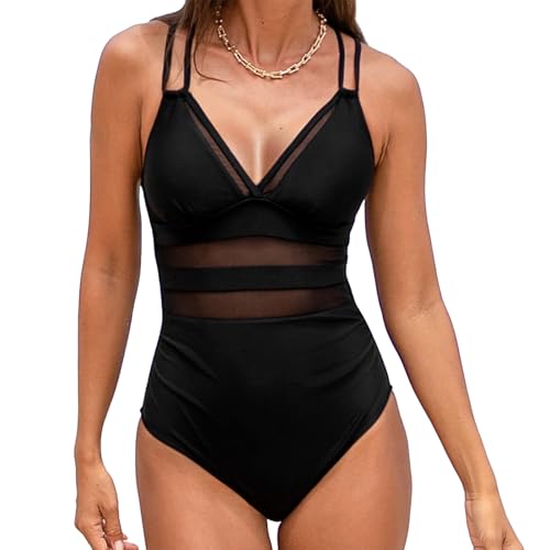 Badeanzug Damen Bauchweg – Einteilig Schwimmanzug Monokini mit V-Ausschnitt, Sheer Netzstoff, Push-Up Bademode Swimsuit von TcIFE