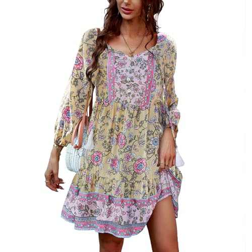 TcIFE Damen Bohemian Tunika Kleid Strandkleid Sommerkleider Vintage Strandtunika 3/4-Arm Rundhals Kleid Blumenmuster Tunikakleider Kurzes Tops von TcIFE