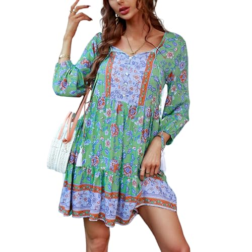 TcIFE Damen Bohemian Tunika Kleid Strandkleid Sommerkleider Vintage Strandtunika 3/4-Arm Rundhals Kleid Blumenmuster Tunikakleider Kurzes Tops von TcIFE