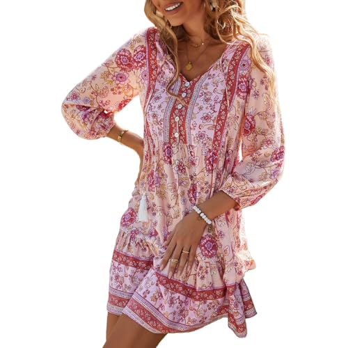 TcIFE Damen Bohemian Tunika Kleid Strandkleid Sommerkleider Vintage Strandtunika 3/4-Arm Rundhals Kleid Blumenmuster Tunikakleider Kurzes Tops von TcIFE