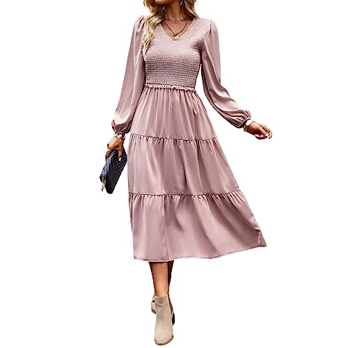 TcIFE Damen Casual Midi Kleid Boho Flattern Langarm Rundhalsausschnitt gesmokte elastische Taille gestufte A-Linie langes Kleid, 2 - 1, Rosa, Small von TcIFE