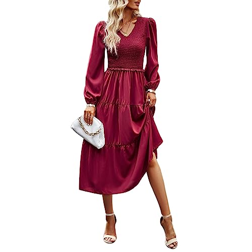 TcIFE Damen Casual Midi Kleid Boho Flattern Langarm Rundhalsausschnitt gesmokte elastische Taille gestufte A-Linie langes Kleid, 2-2 Weinrot, L von TcIFE