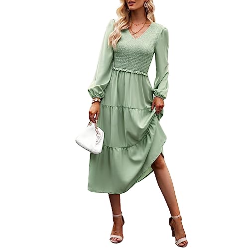 TcIFE Damen Casual Midi Kleid Boho Flattern Langarm Rundhalsausschnitt gesmokte elastische Taille gestufte A-Linie langes Kleid, 2–4 Hellgrün, Medium von TcIFE