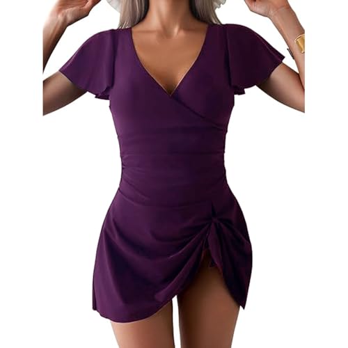 TcIFE Damen Einteilige Badekleid Badeanzug mit Rüschen Bauchkontrolle Schwimmkostüm Knoten Vorne Minirock Badeanzüge von TcIFE