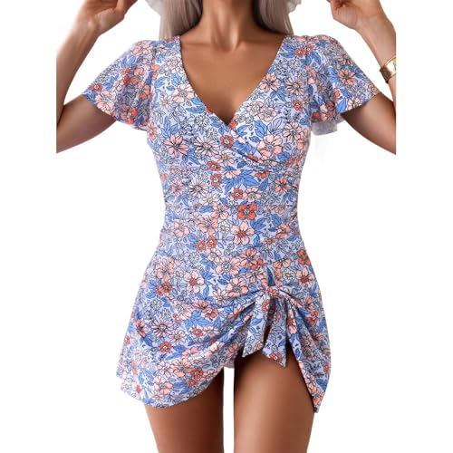 TcIFE Damen Einteilige Badekleid Badeanzug mit Rüschen Bauchkontrolle Schwimmkostüm Knoten Vorne Minirock Badeanzüge von TcIFE