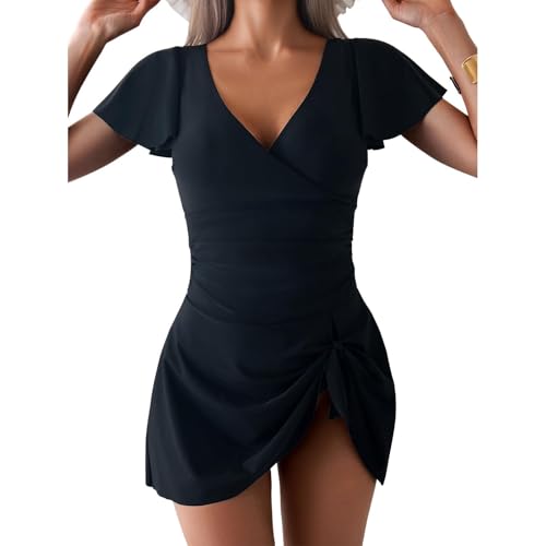 TcIFE Damen Einteilige Badekleid Badeanzug mit Rüschen Bauchkontrolle Schwimmkostüm Knoten Vorne Minirock Badeanzüge von TcIFE