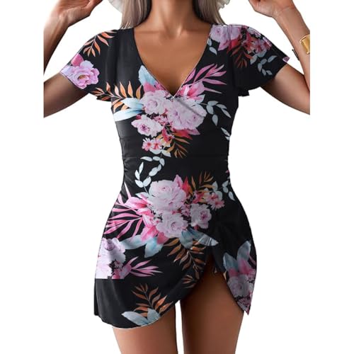 TcIFE Damen Einteilige Badekleid Badeanzug mit Rüschen Bauchkontrolle Schwimmkostüm Knoten Vorne Minirock Badeanzüge von TcIFE