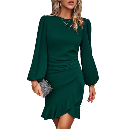 TcIFE Damen Kleid Freizeitkleid Rundhals Langarm Bodycon Rüschenkleid Kurz Enges Mini Kleider Klassic Casualkleid Elegant Frauen, Grün, L von TcIFE