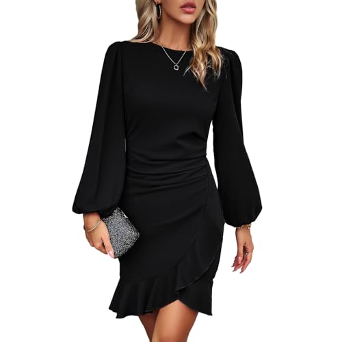 TcIFE Damen Kleid Freizeitkleid Rundhals Langarm Bodycon Rüschenkleid Kurz Enges Mini Kleider Klassic Casualkleid Elegant Frauen, Schwarz, L von TcIFE