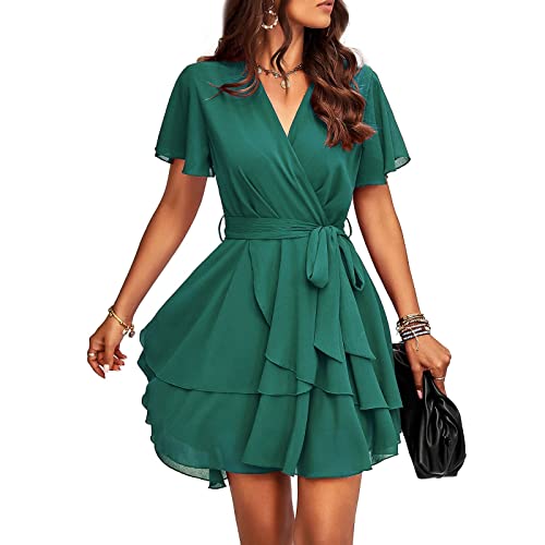 TcIFE Damen Kleid Kurzarm Tiefer V-Ausschnitt Hohe Taille Krawatte Rüschen Layer Mini Swing Skater Freizeit Kleider von TcIFE