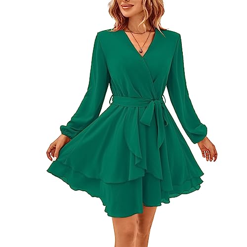 TcIFE Damen Kurz Kleid Langarm Casual V-Ausschnitt Tunika Kleider Einfarbig Rüschen Minikleid Swing Skater Hohe Taille Wickelkleid Chiffon, Grün, M von TcIFE